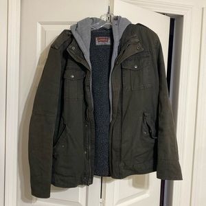 Levi’s Large brown heavy jacket with gray hood.